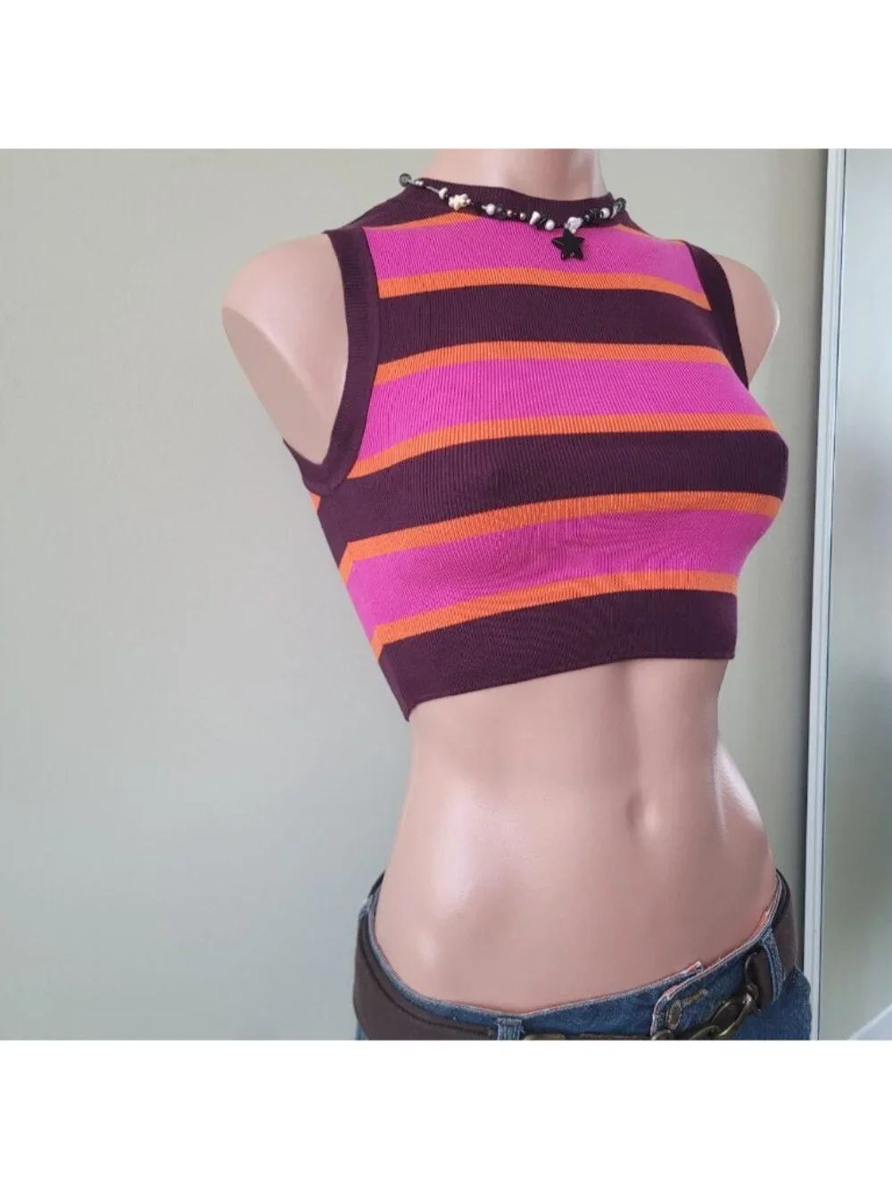 Zara Tangerine &amp; Bubblegum Contrast Knit Striped Summer Tank Top (S) - Picture 3 of 5